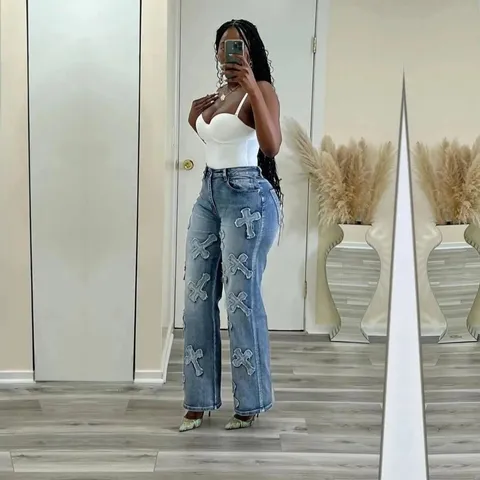 Chrome Hearts Light Wash Cross-Patch Wide-Leg Jeans