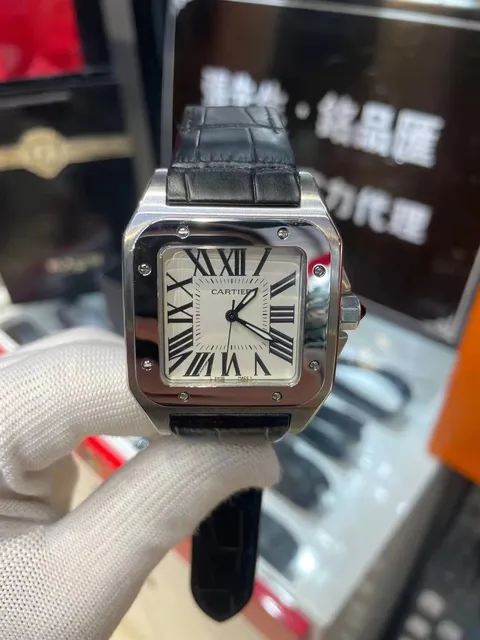 Cartier Watch with Square Dial and Black Leather Strap