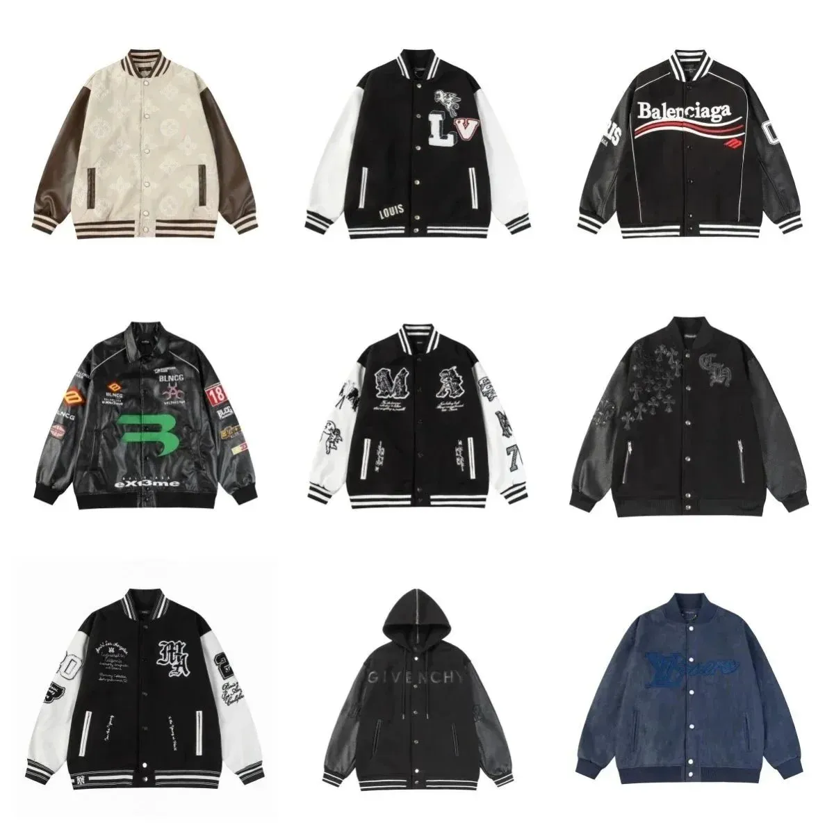 Louis Vuitton varsity jacket z dużym LV i patchami na piersi, na białym tle.