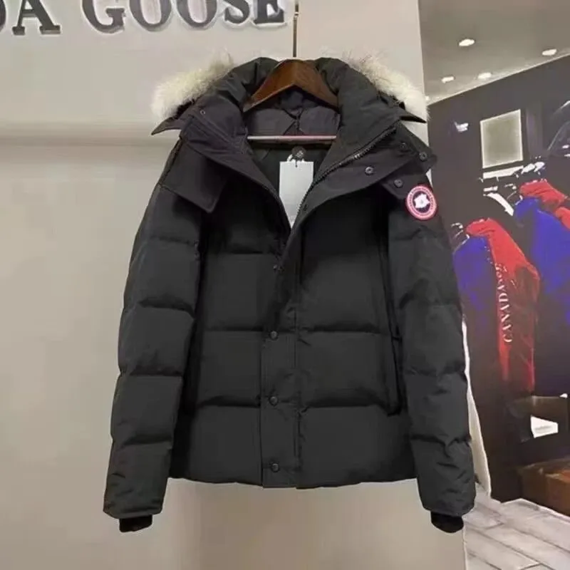 Black Canada Goose puffer jacket with fur-trimmed hood and sleeve patch hanging on a wooden hanger.