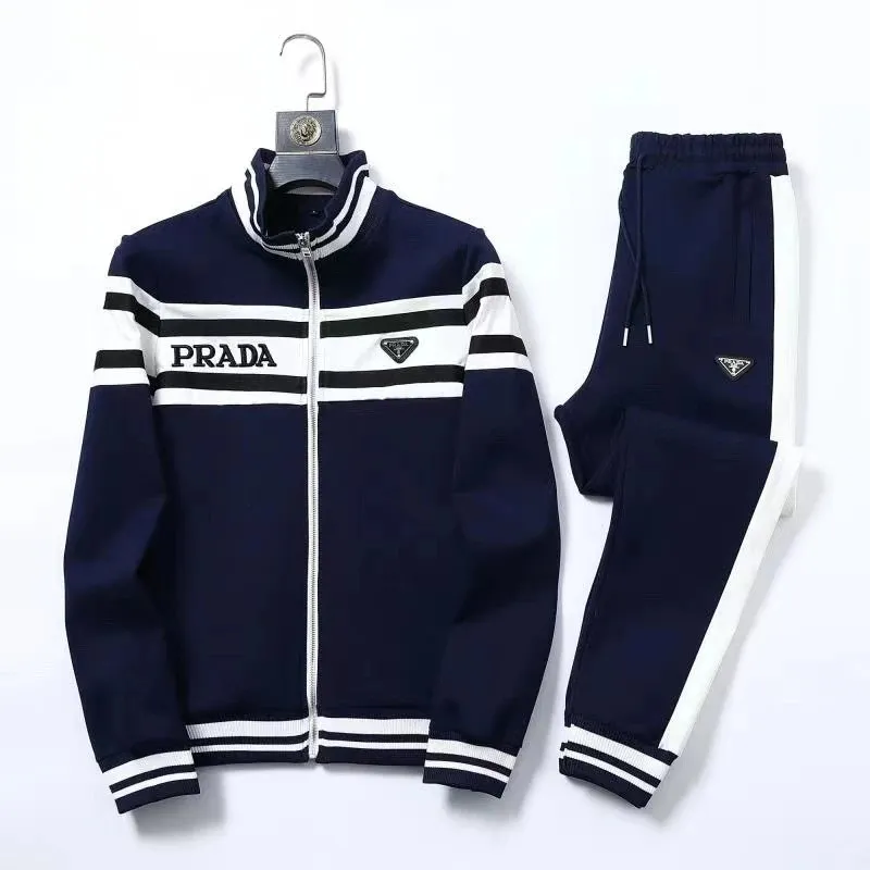 Navy Prada casual matching set with white stripe bands and a zip-up track jacket.