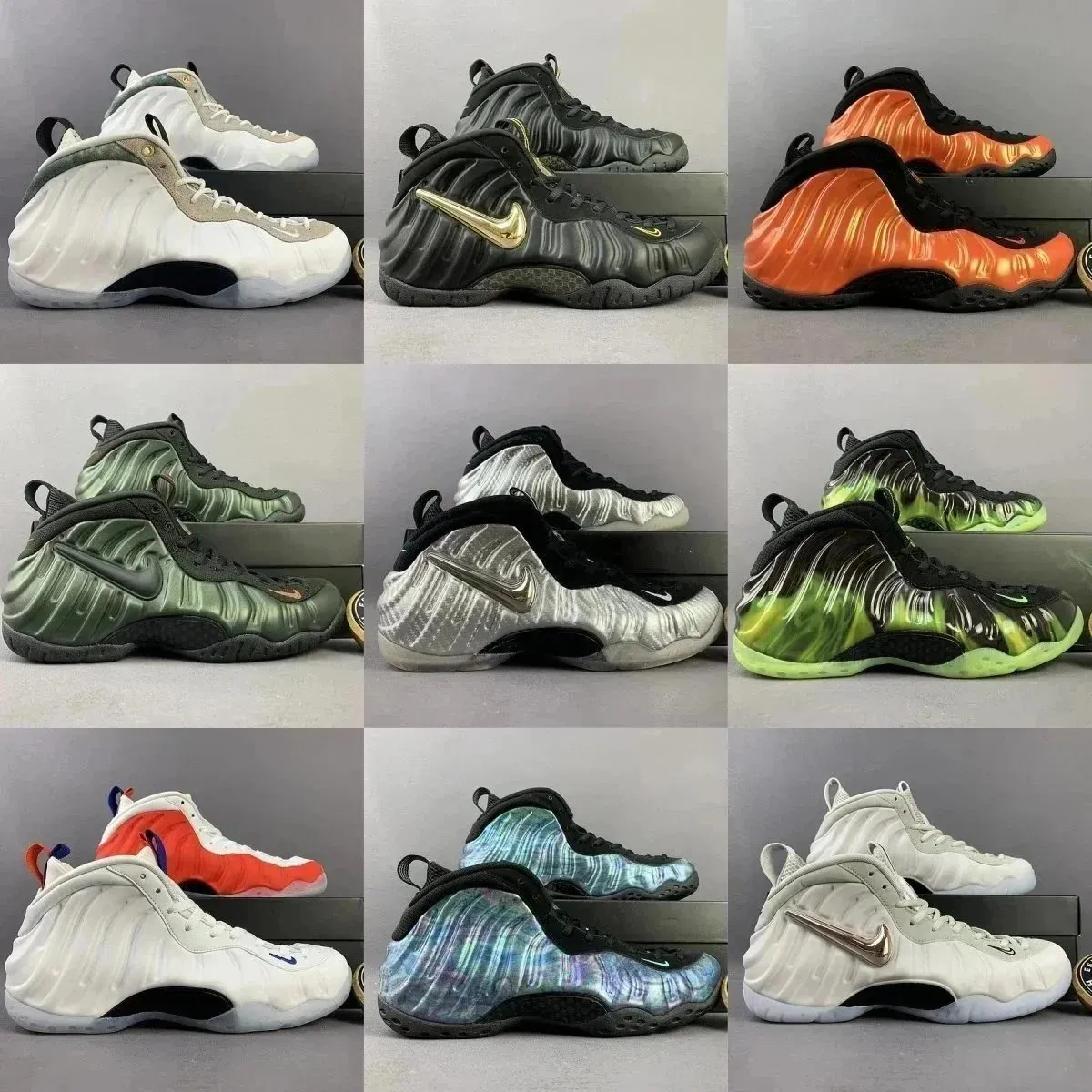 Nike wysoki profil sneakers z połyskiem, grubą podeszwą i kolorowymi wariantami na zdjęciu.
