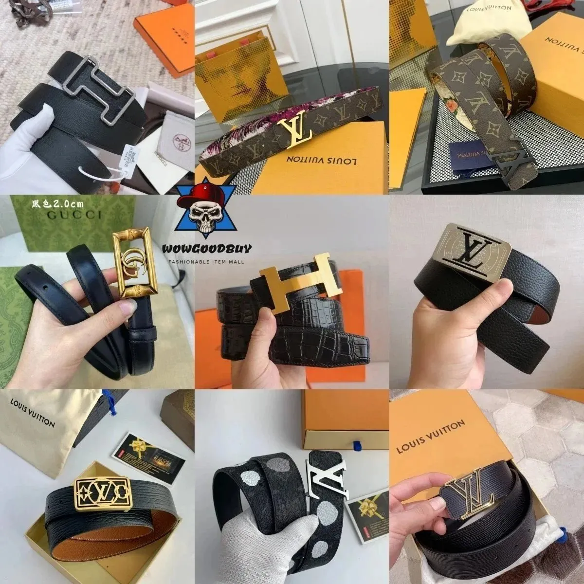 Unbranded Curated Belt z monogramowym wzorem i dużą metalową klamrą na zdjęciu produktowym.