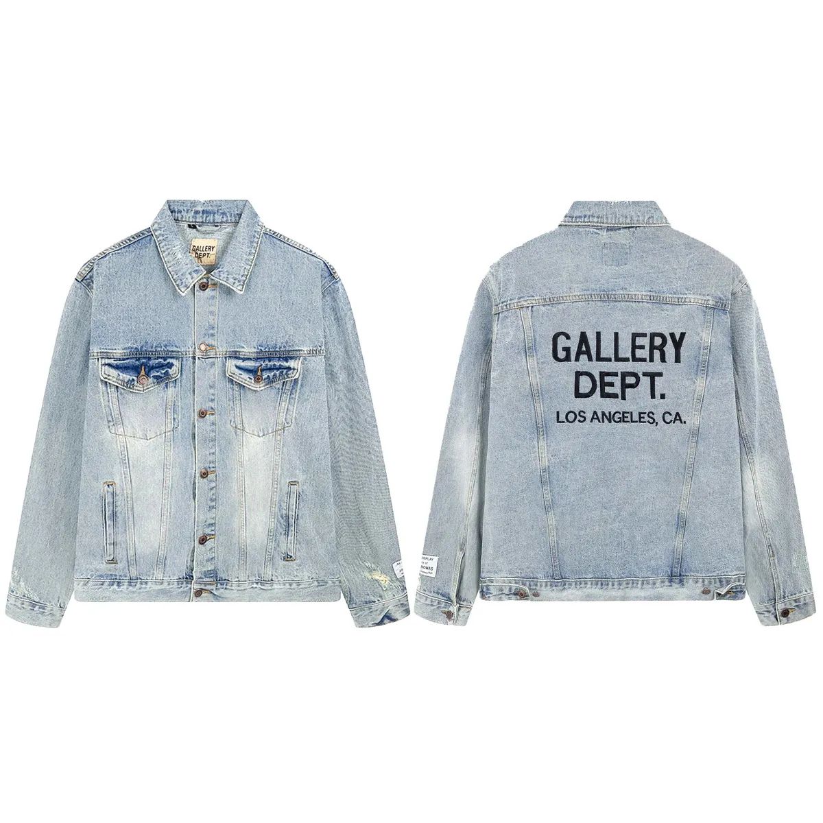 Gallery Dept. denim jacket with faded wash, boxy fit, and large back print