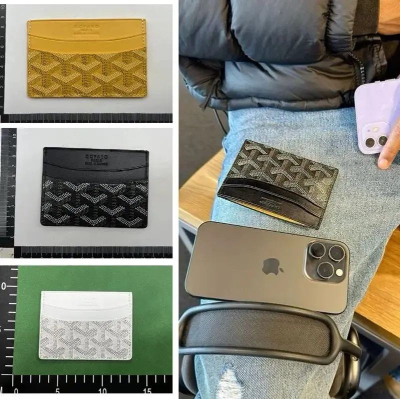 Goyard card holder wallet with a slim rectangular shape and chevron pattern in several colorways.