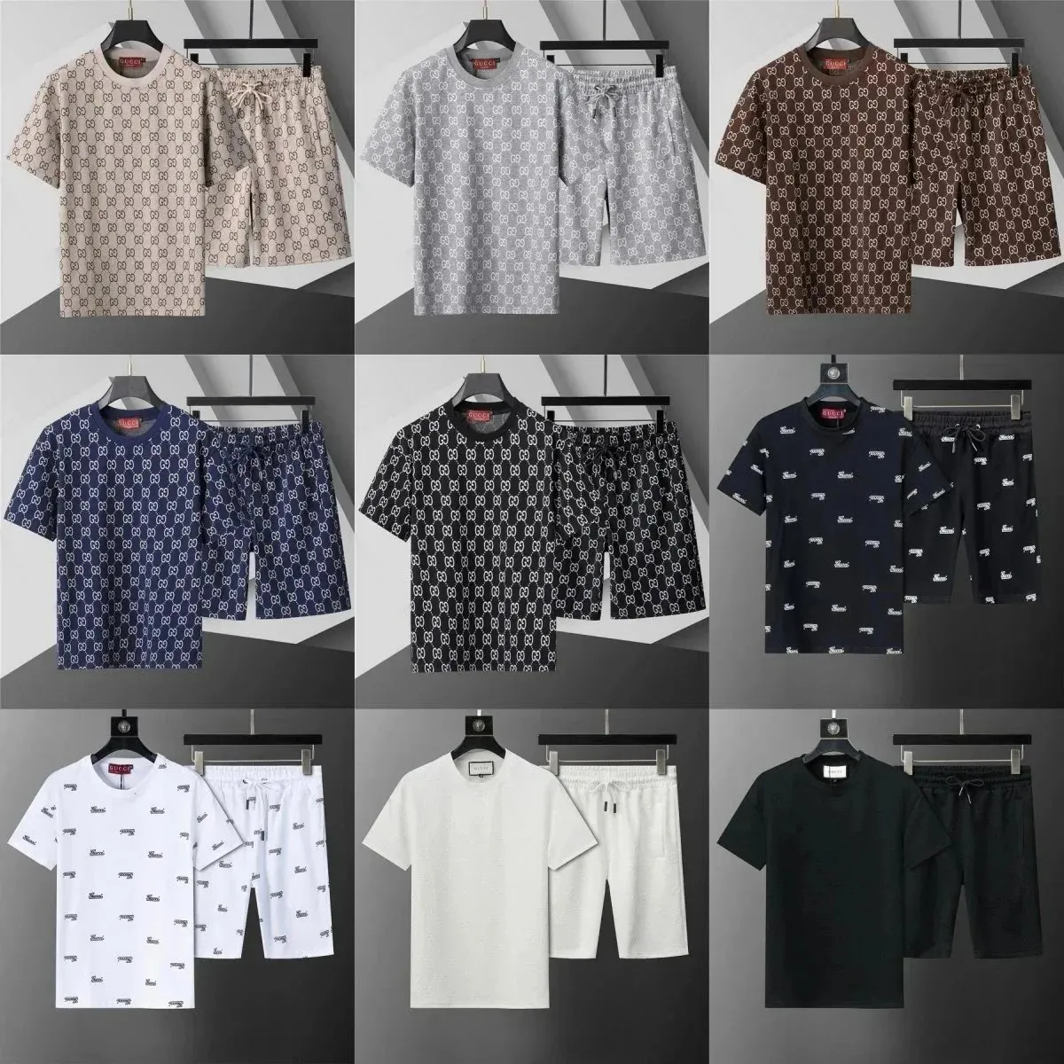 Gucci matching set with monogram-print T-shirt and loose shorts on hangers.