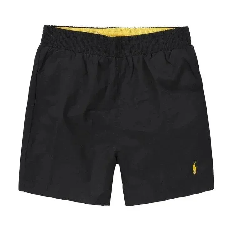 Black Ralph Lauren shorts with a yellow embroidered logo and relaxed fit.