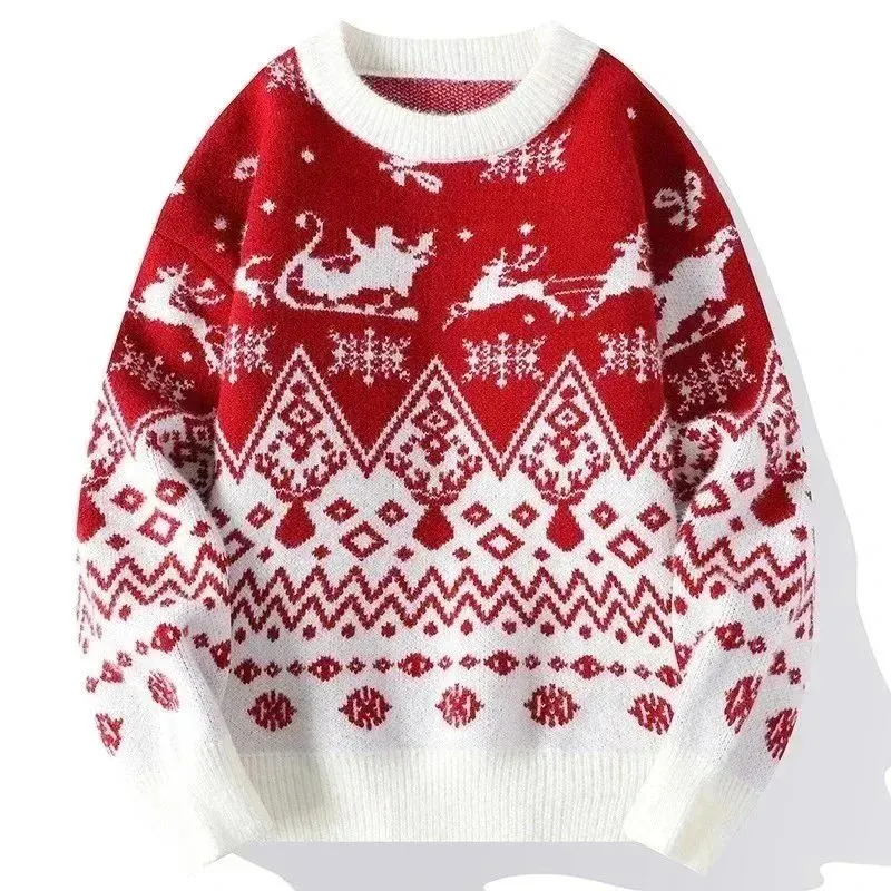 Unbranded Casual Knit Sweater w czerwono-biały wzór reniferów na białym tle.