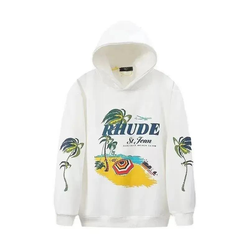 Rhude hoodie z białą bazą, grafiką RHUDE i palmami na rękawach