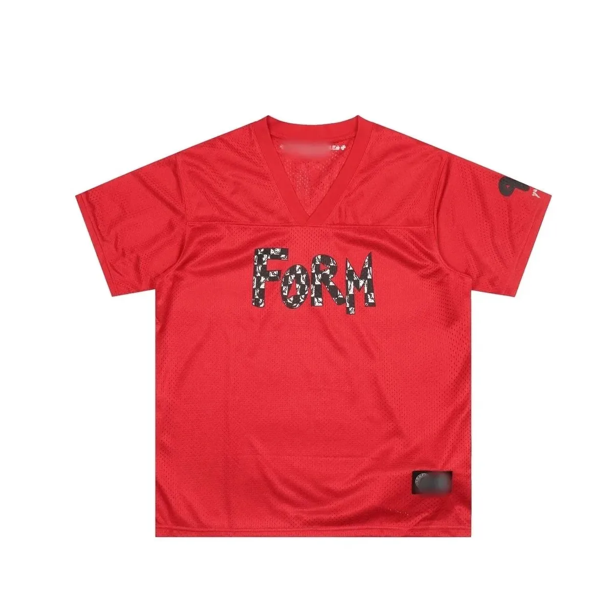 Unbranded clothing matching set with red FORM graphic jersey top on a white background.