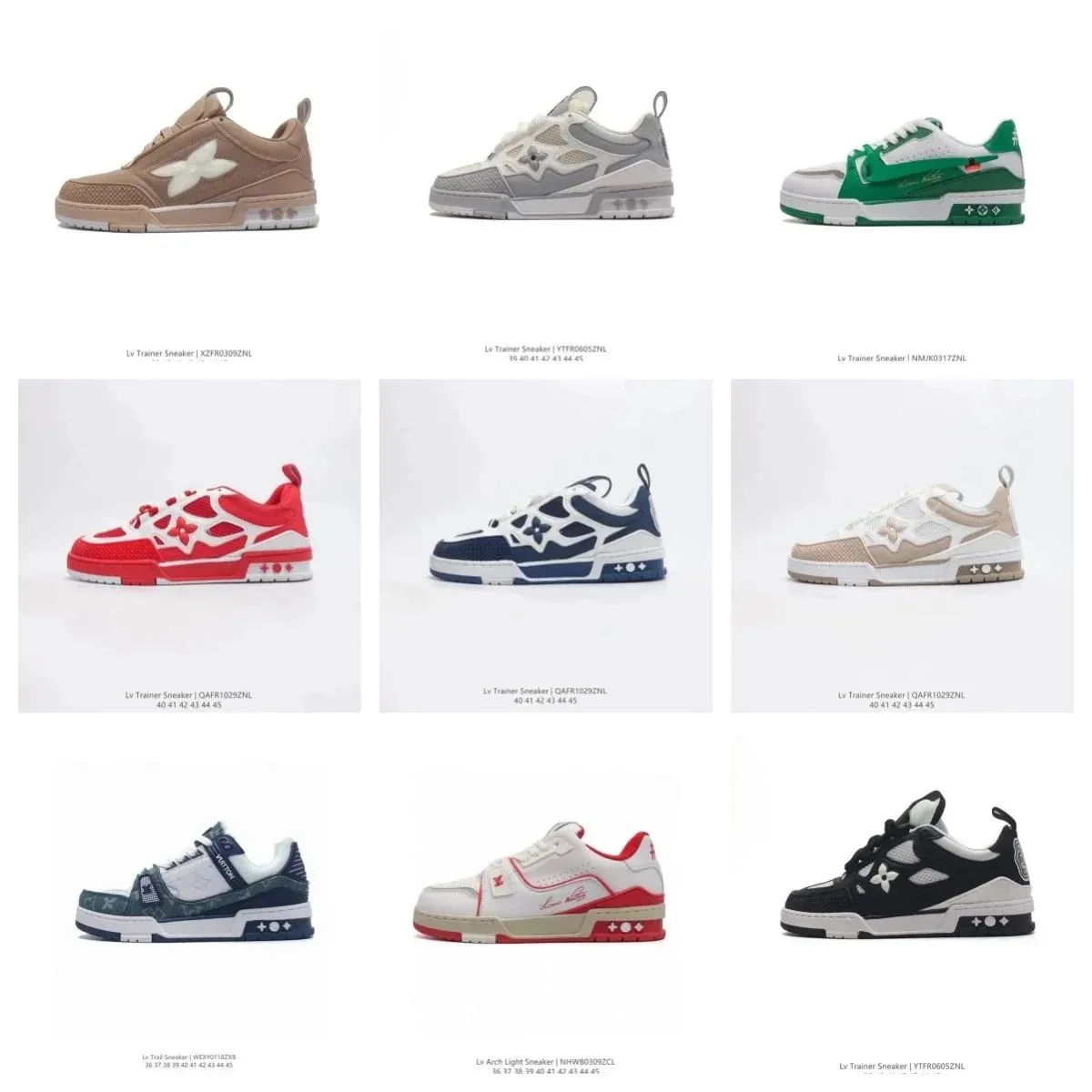 Louis Vuitton low-top sneakers with mesh panels, monogram-style floral details, and a chunky sole.