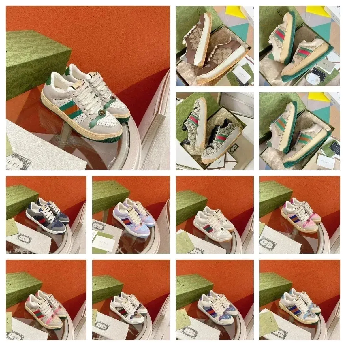 Gucci low-top sneakers with mixed panels, white laces, and a green outsole detail.