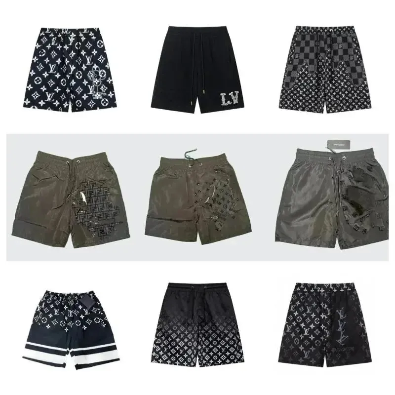 Louis Vuitton casual shorts collage with monogram print, checker pattern, and drawstring waist.