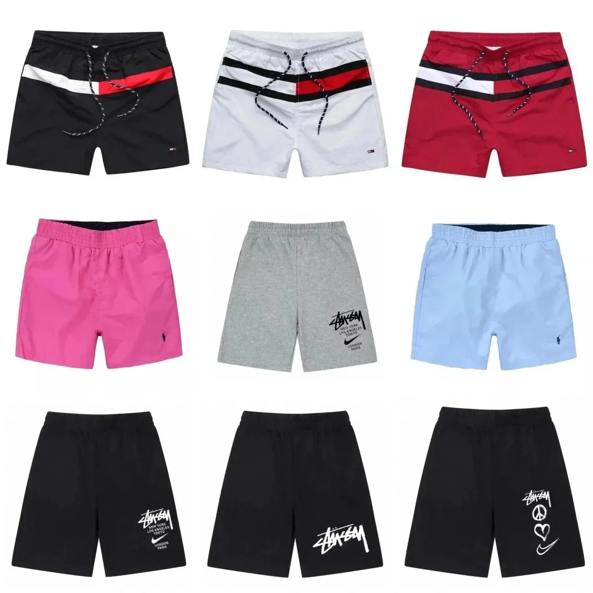 Tommy Hilfiger casual shorts with color-block stripes, elastic waist, and logo prints.