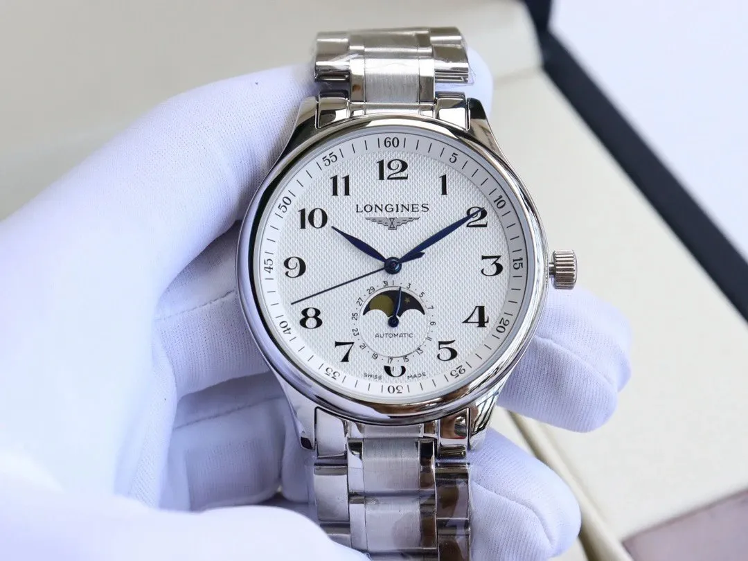 Longines automatic watch with moon phase dial and silver metal bracelet.