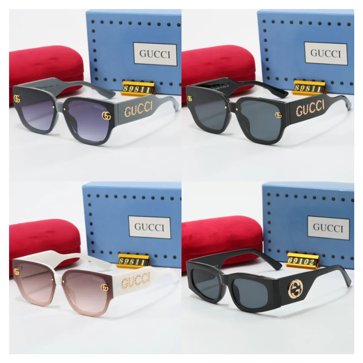 Gucci sunglasses with an oversized square black frame, gold logo details, and tinted lenses.