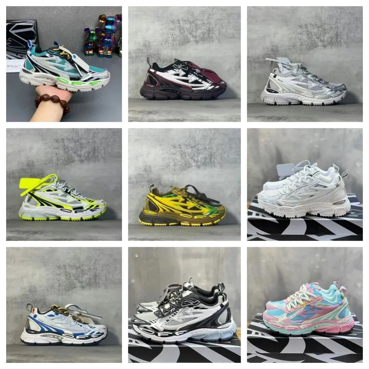 Off-White chunky sneakers with a large arrow side graphic in multiple colorways.