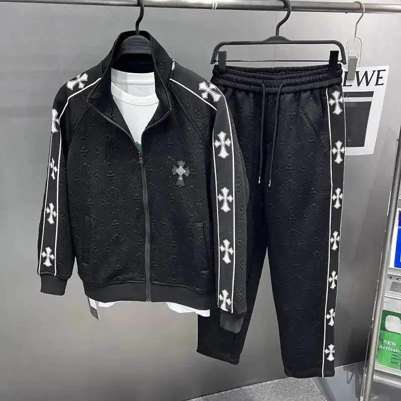 Chrome Hearts men's black tracksuit set with embossed cross pattern and side stripes.