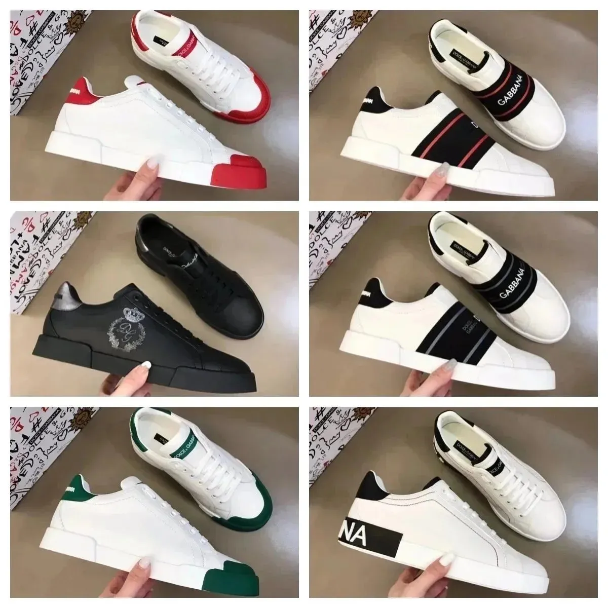 Dolce & Gabbana low-top sneakers with logo detailing in white, black, red, green, and silver.