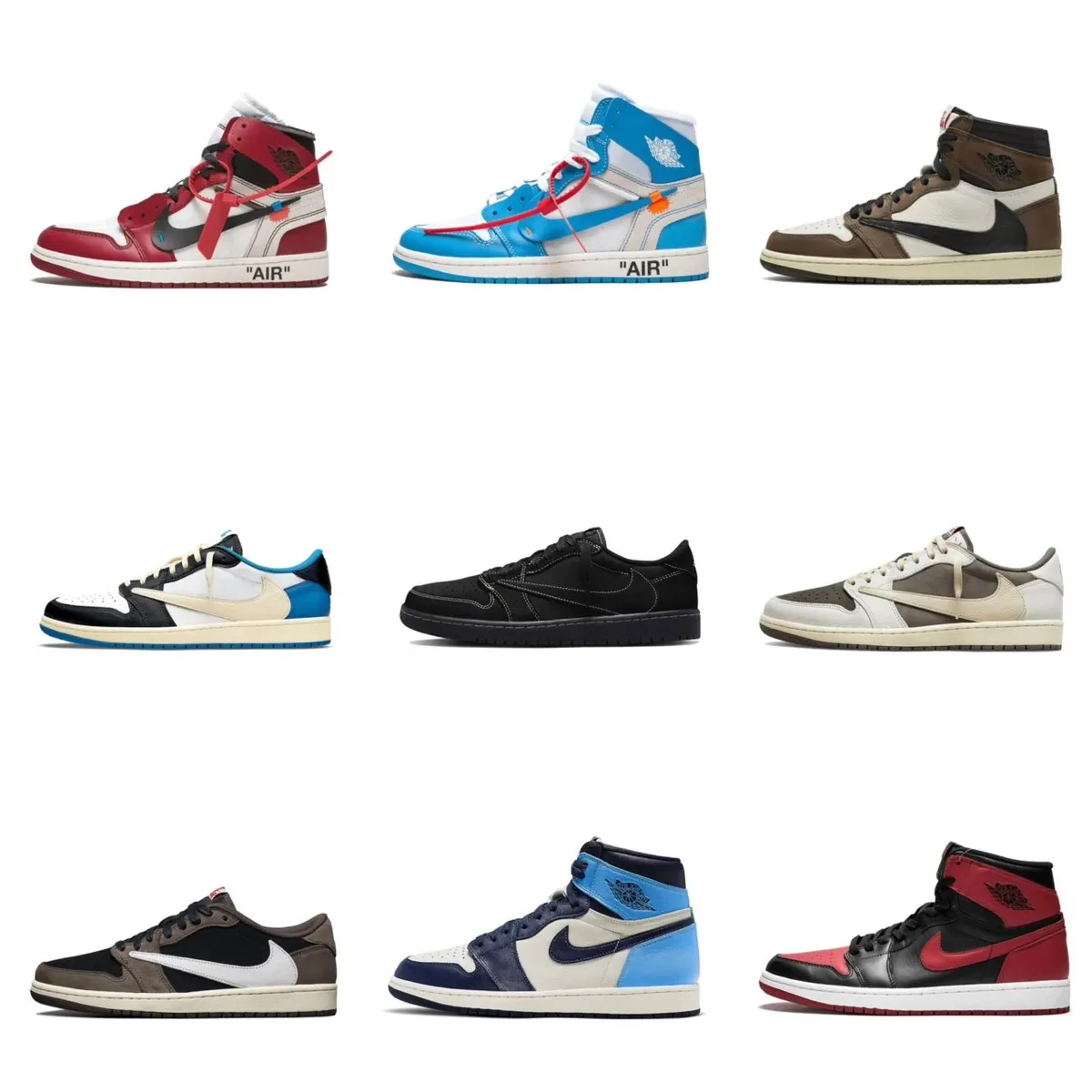 Unbranded athletic casual sneakers collage showing high-top and low-top styles with bold side logos.