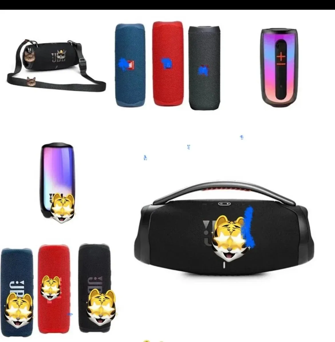 JBL portable Bluetooth speaker collection with carry bag and colorful sleeves on a white background.