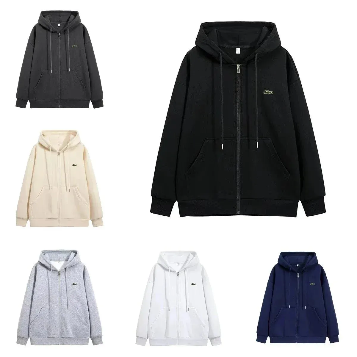 Lacoste zip-up hoodie z haftem na piersi i kieszenią kangurką na zdjęciu produktowym.