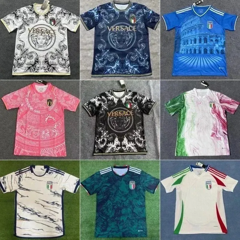 Versace soccer jersey with ITALIA crest, bold VERSACE text, and colorful graphic prints.