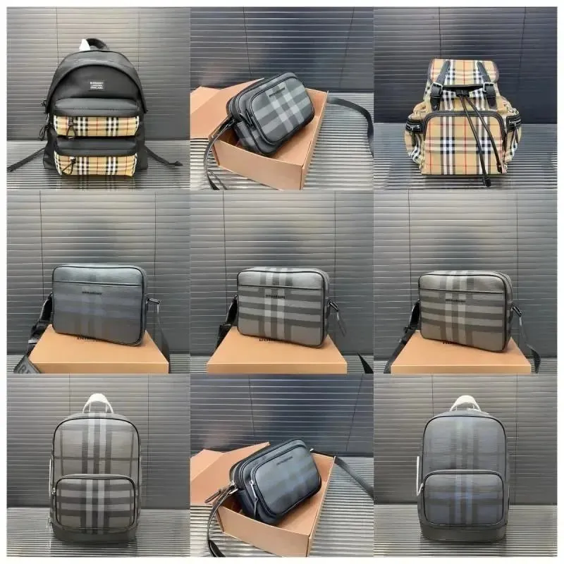 Burberry akcesoria w kratę: mały plecak i kompaktowa torba na ramię na neutralnym tle.