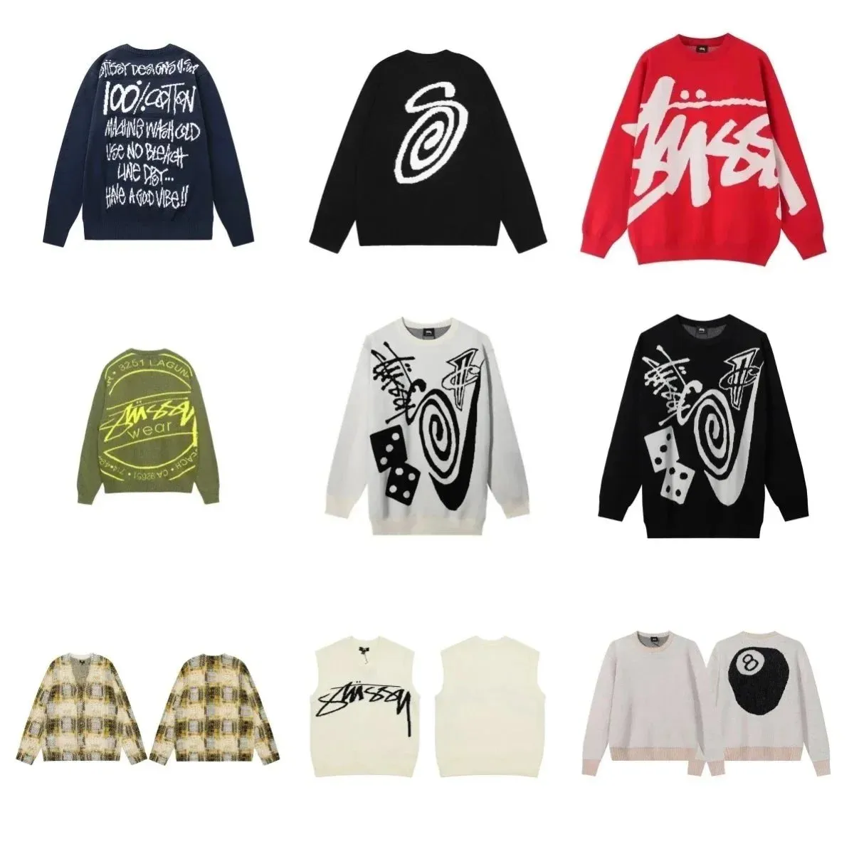Unbranded knit sweater collage with bold streetwear graphics and ribbed crew-neck styles