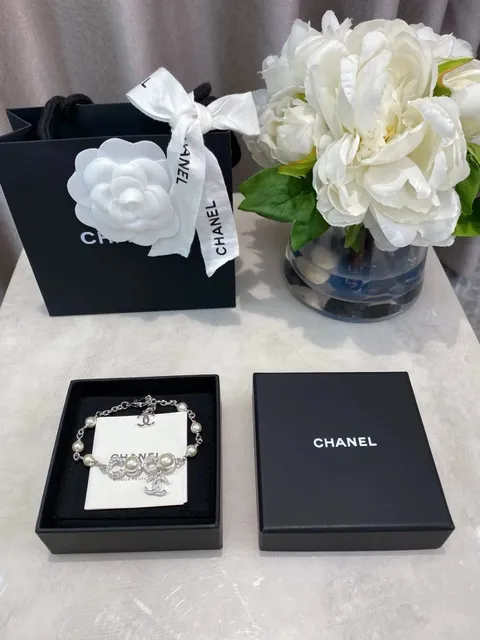 Chanel CC Logo Faux Pearl Silver Chain Bracelet