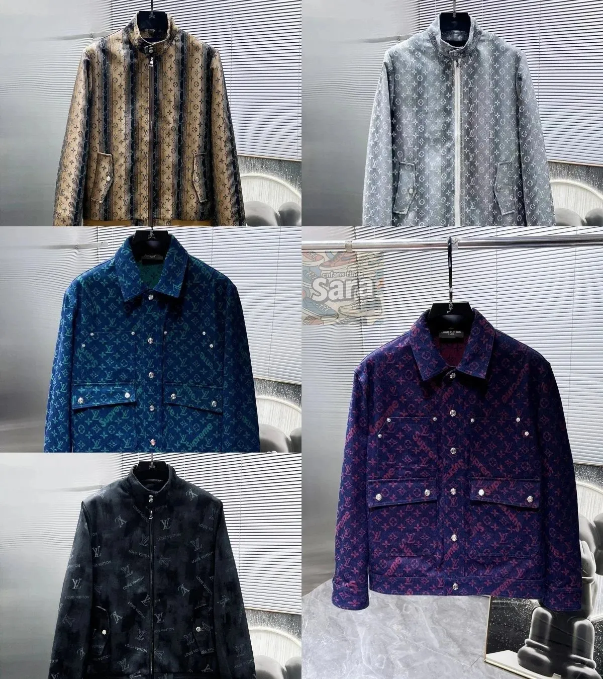 Louis Vuitton jacket with all-over monogram-style checkerboard print and zip-front closure.