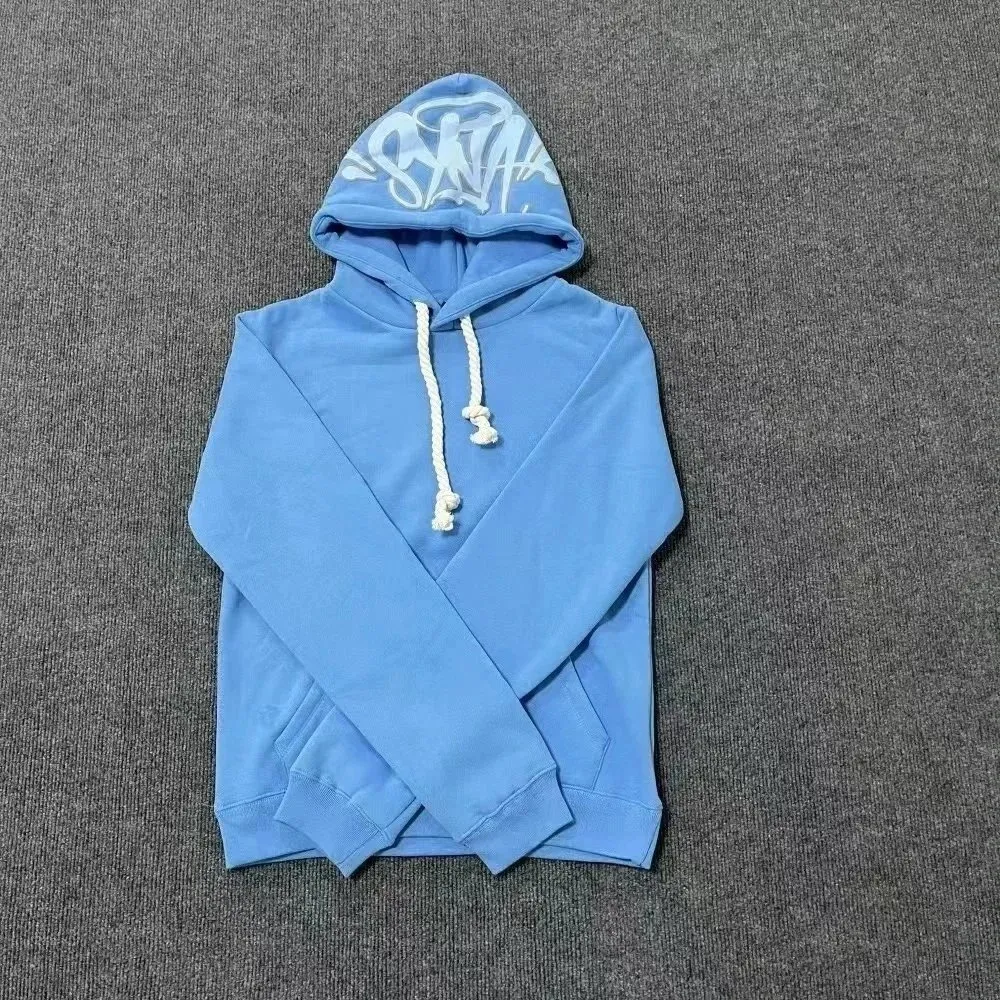 Unbranded light blue graphic hoodie with white hood print and rope drawstrings.