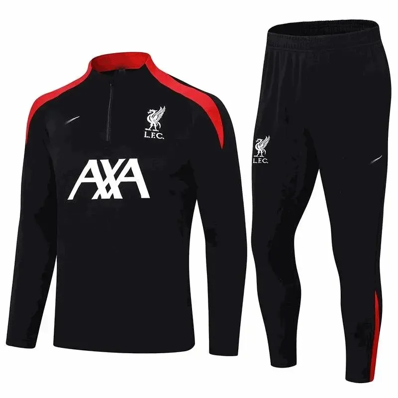 Nike black and red athletic tracksuit set with quarter-zip top and tapered pants.