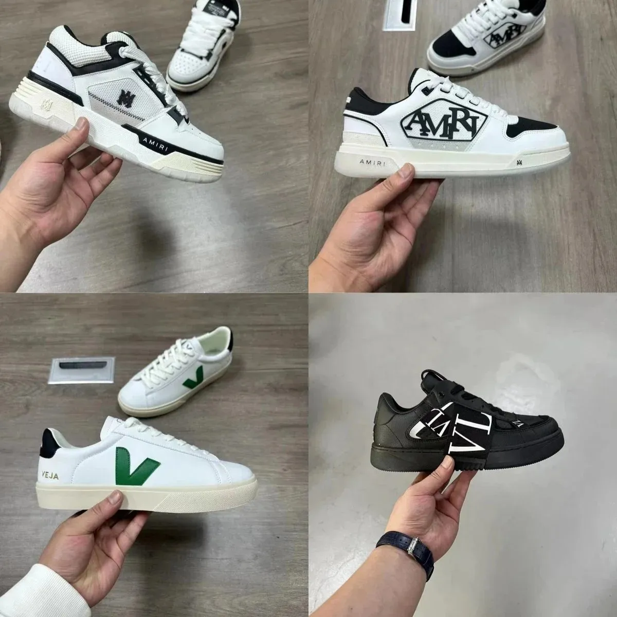 AMIRI low-top sneakers with black overlays, green accents, and logo branding.