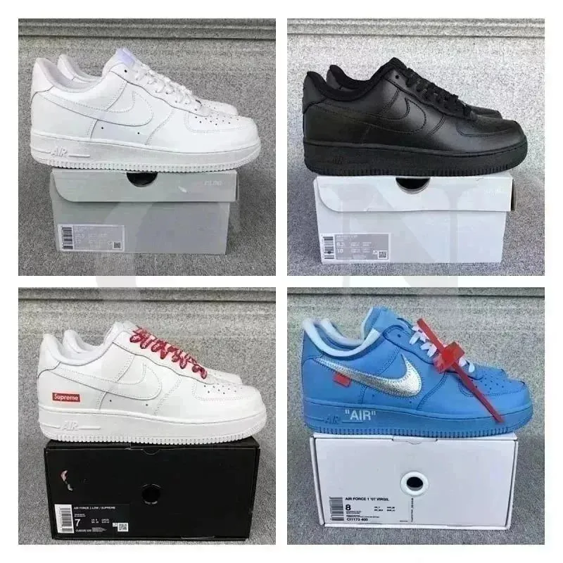 Nike low-top sneakers shown in white, black, and blue with visible swoosh and AIR branding.