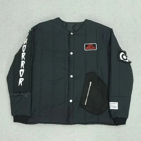 Black Quilted Snap-Button Jacket with Horror Graphics
