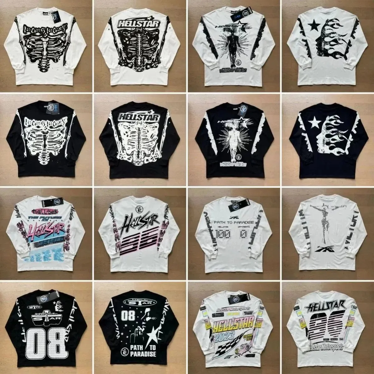 Hellstar long-sleeve graphic T-shirt shown in multiple colorways with bold front and back prints.