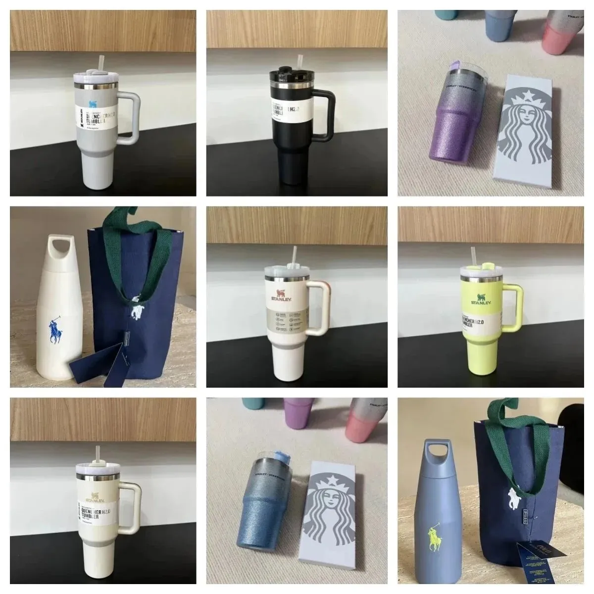 Starbucks travel tumbler with handle, straw lid, and multiple colorways on display.