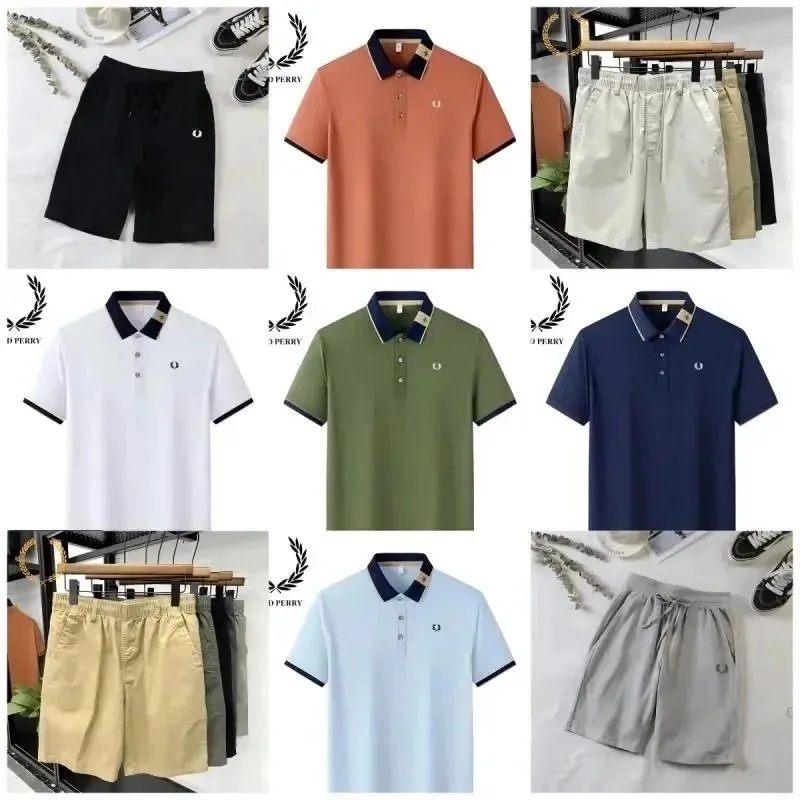 Fred Perry men's polo shirt and shorts set with contrast trim and chest logo in multiple colors.