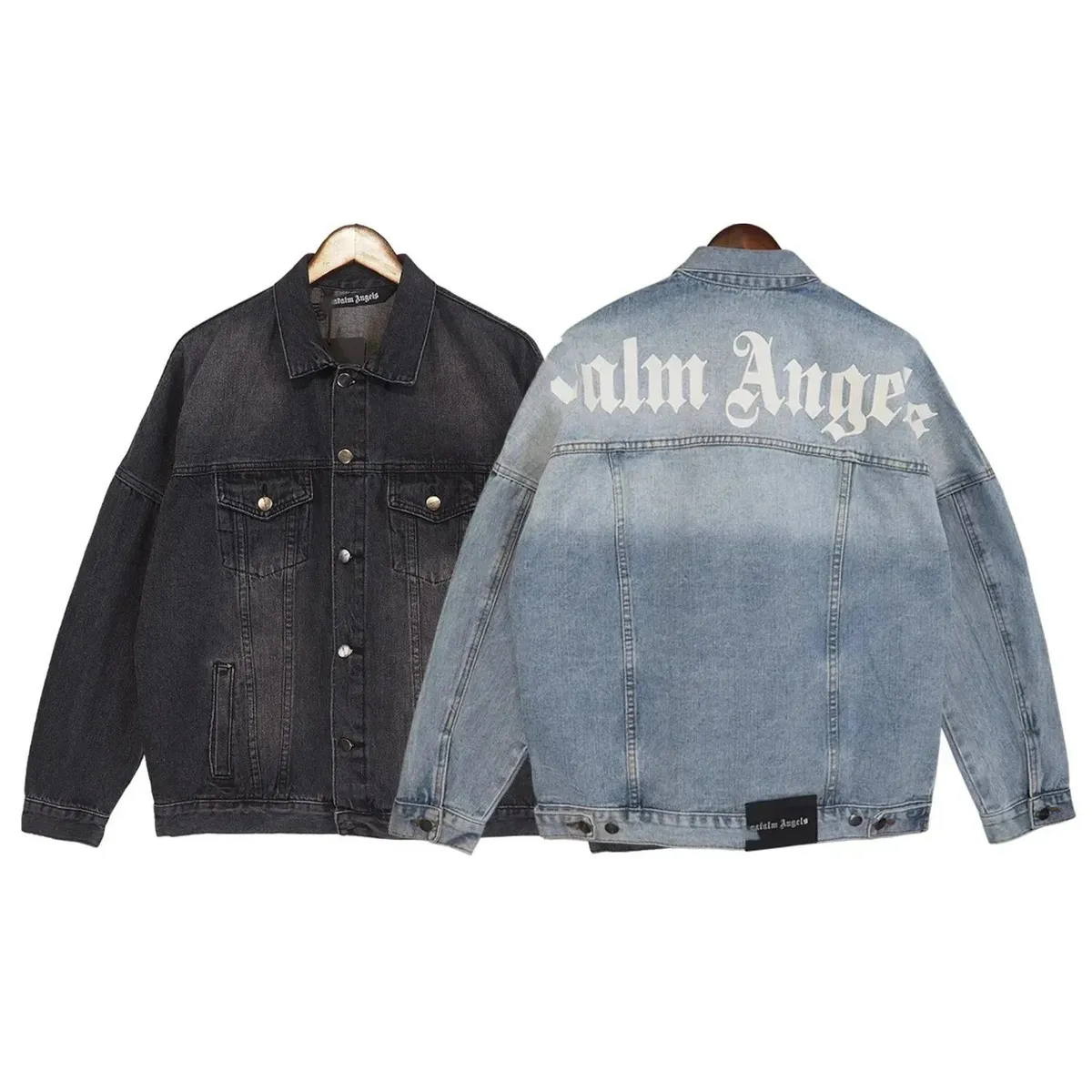 Palm Angels denim jacket with boxy fit, snap pockets, and large back text.
