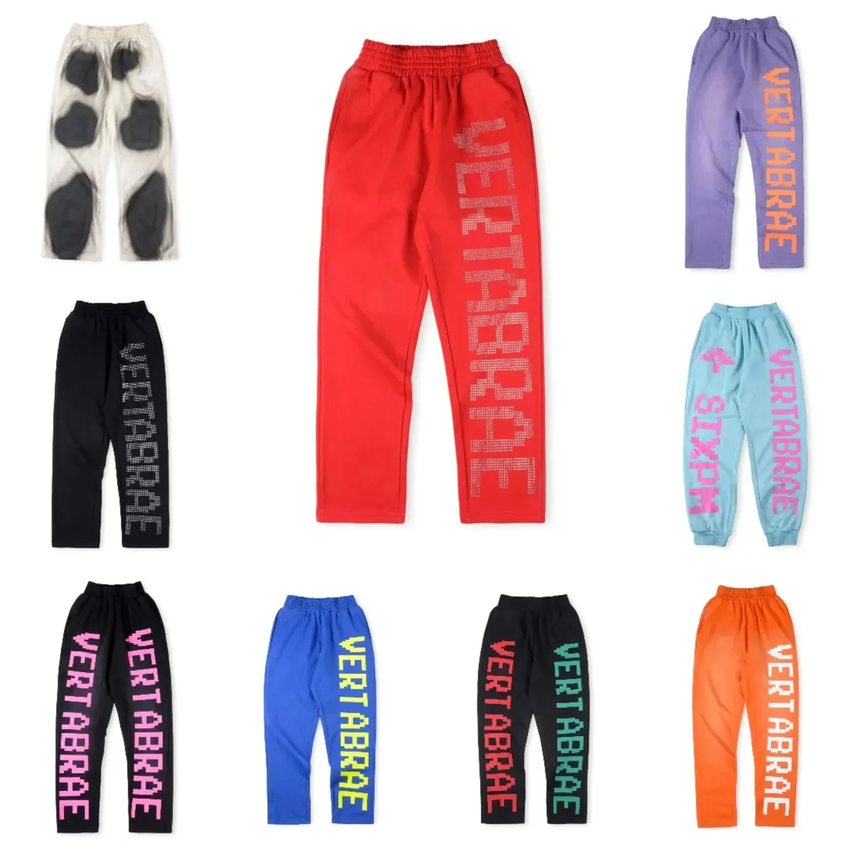 Vertabrae sweatpants with vertical logo lettering in multiple colorways on a white background.