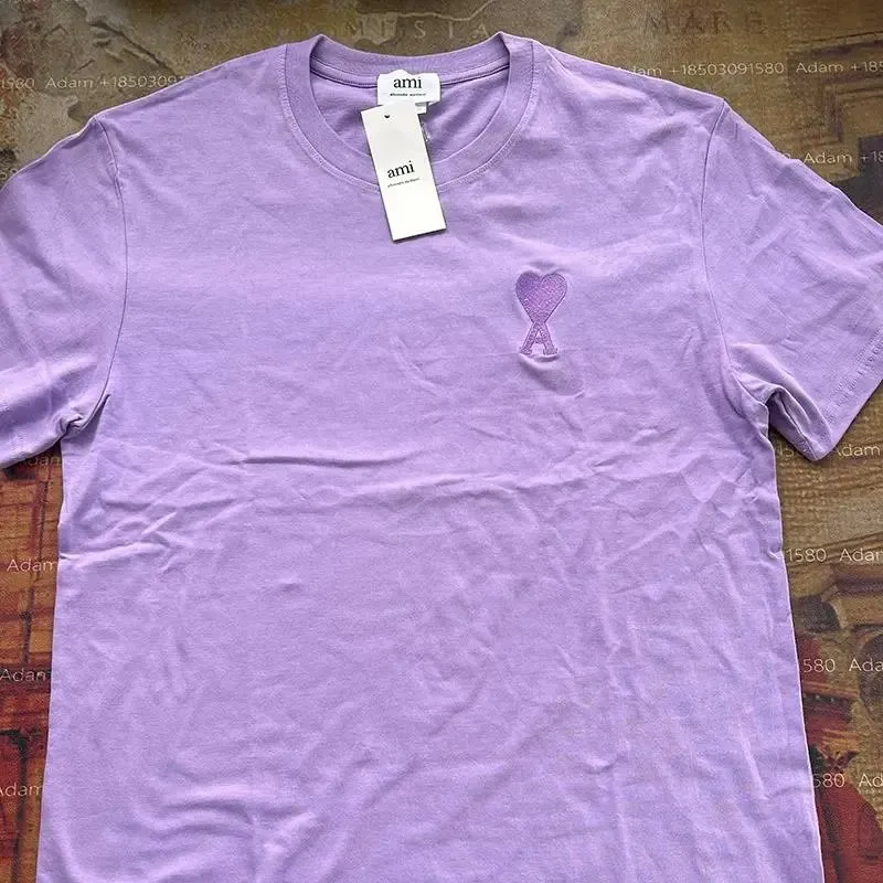 Ami purple short sleeve T-shirt with a small embroidered heart-A logo and crew neck.
