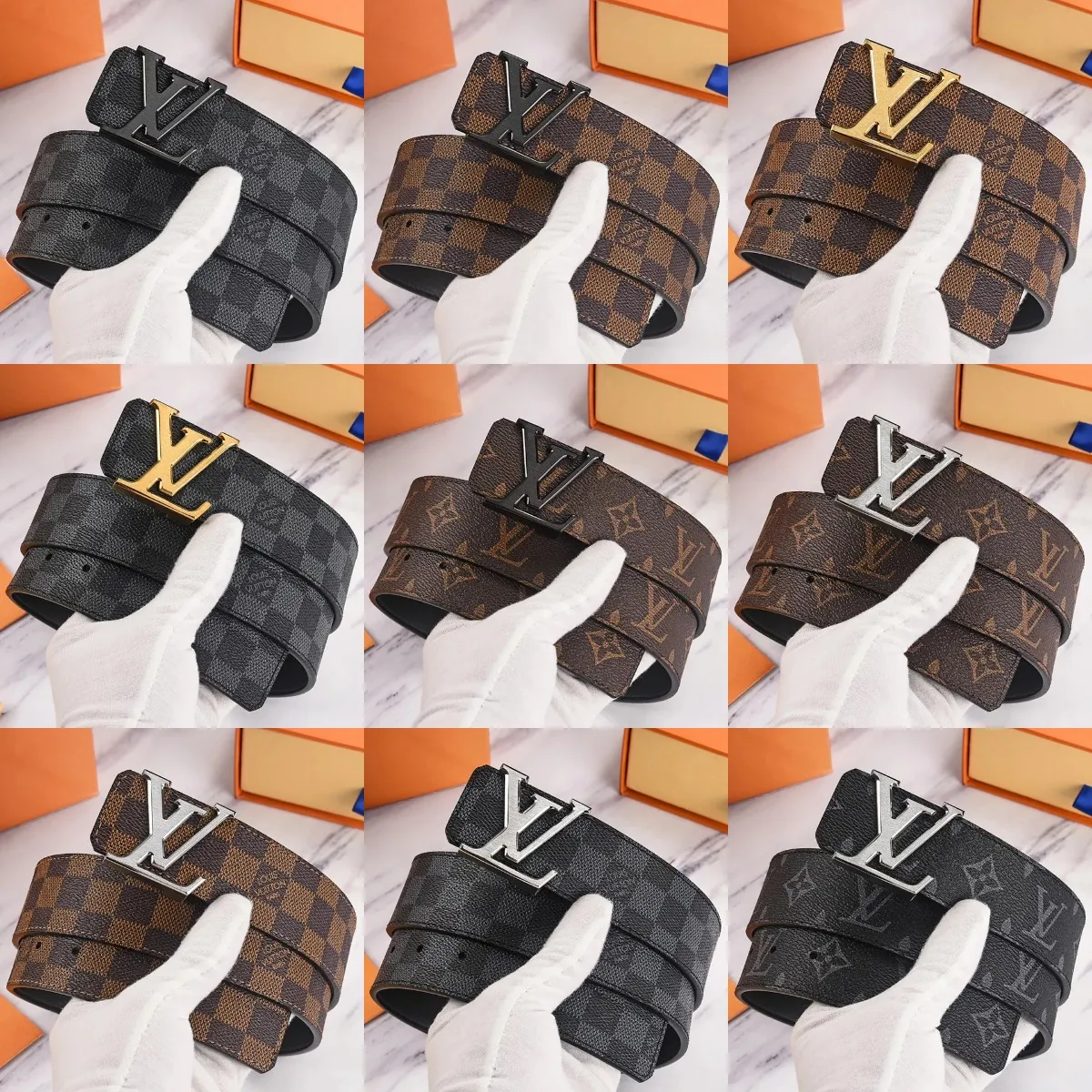 Louis Vuitton belt with a large LV-style buckle and monogram-patterned strap.