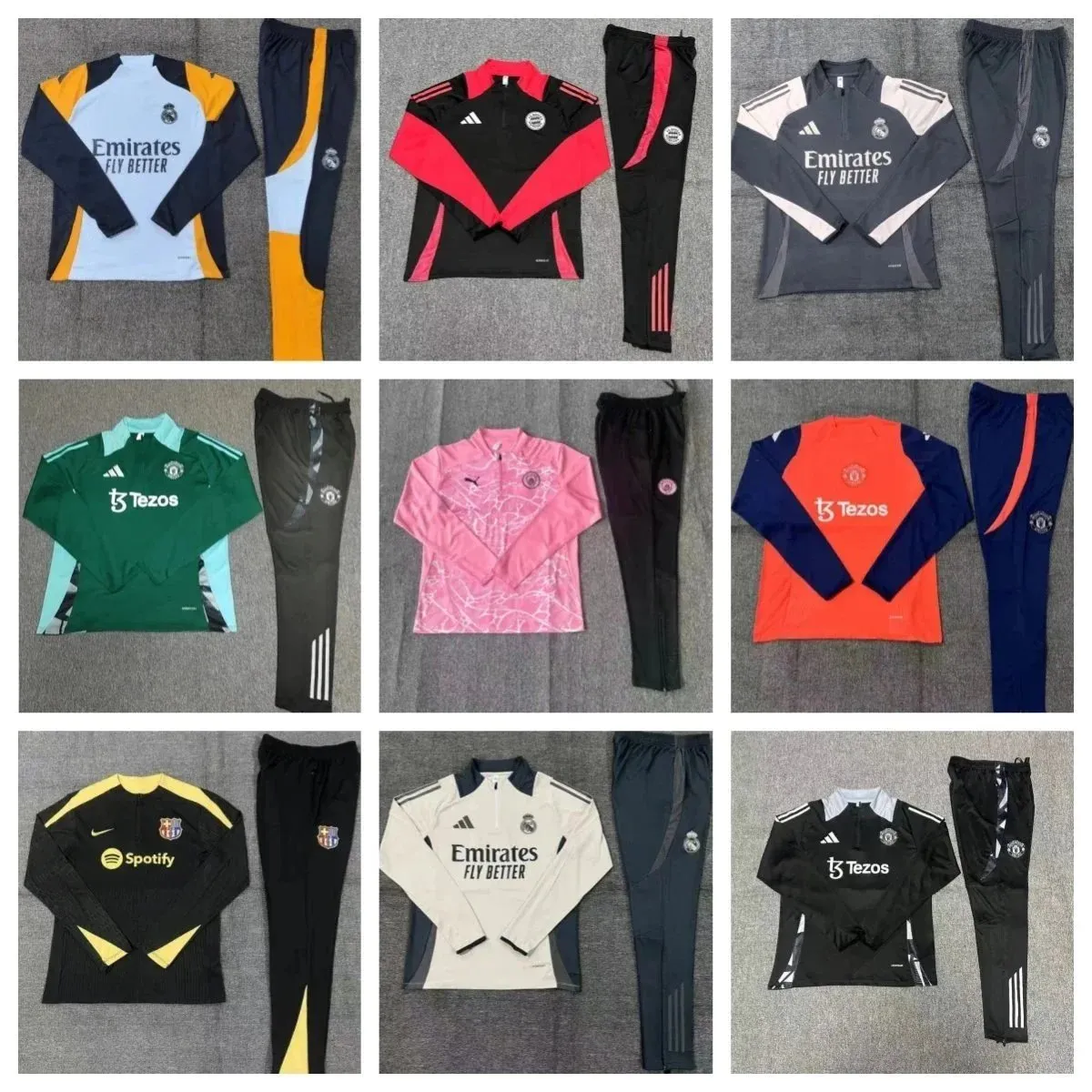 Unbranded clothing matching set with long-sleeve football tops and track pants in multiple colors.