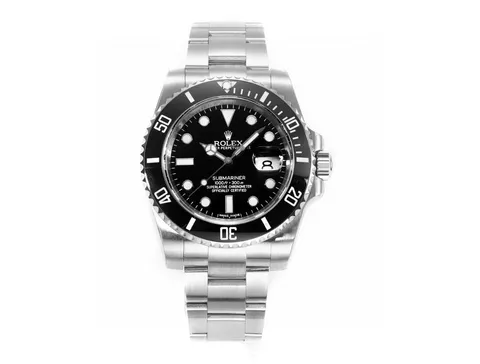 Rolex Submariner Date Watch with Black Dial and Silver-Toned Bracelet