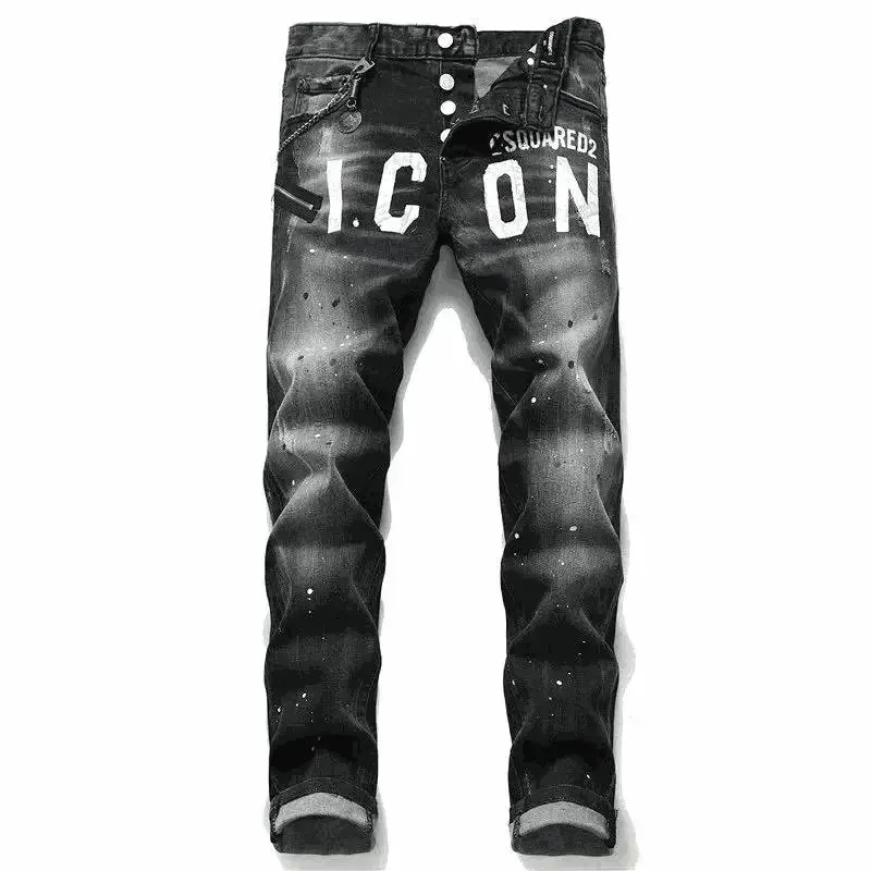 Dsquared2 jeansy w ciemnym denimu z nadrukiem ICON i przetarciami na przodzie.