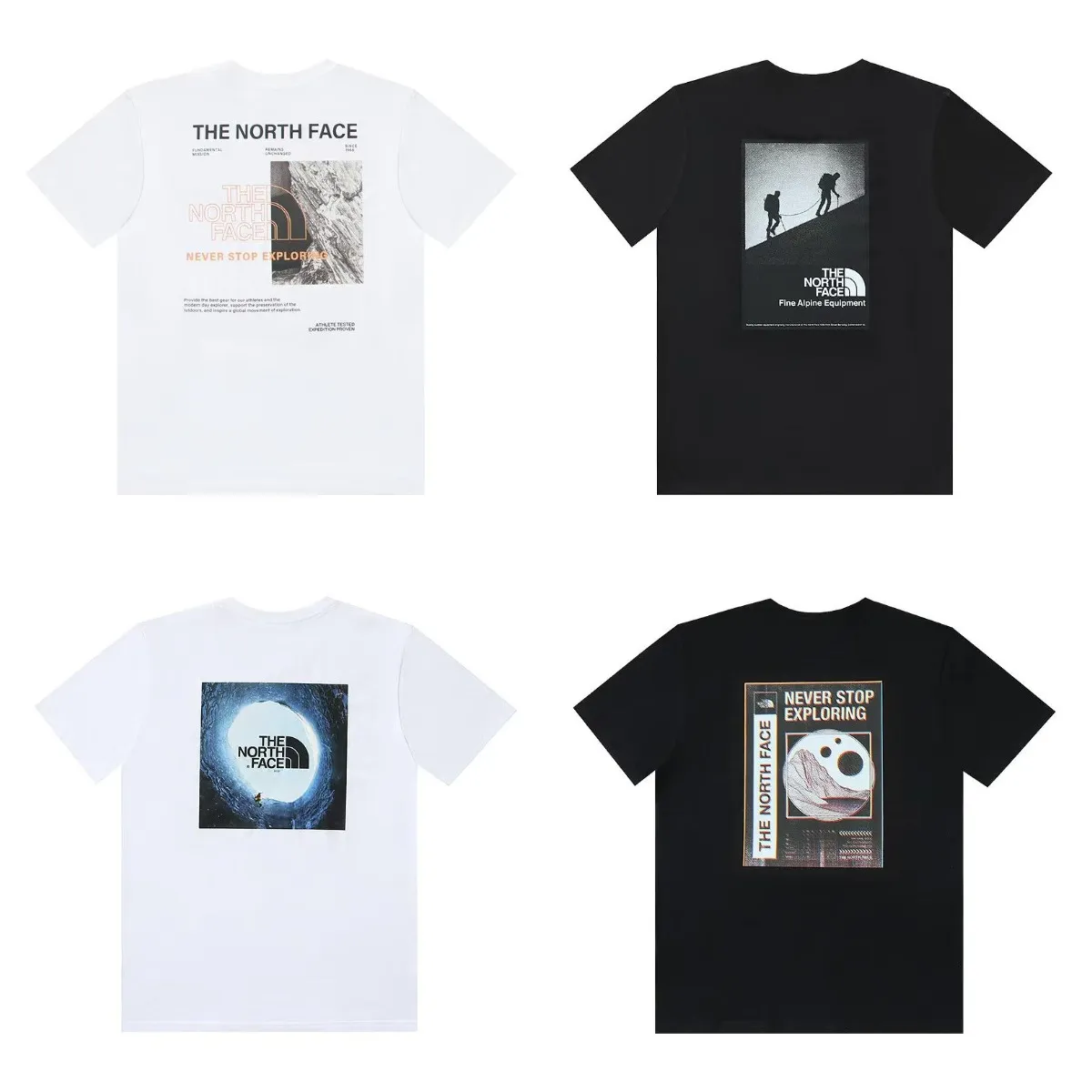 The North Face graphic T-shirt shown in four colorways on a white background.