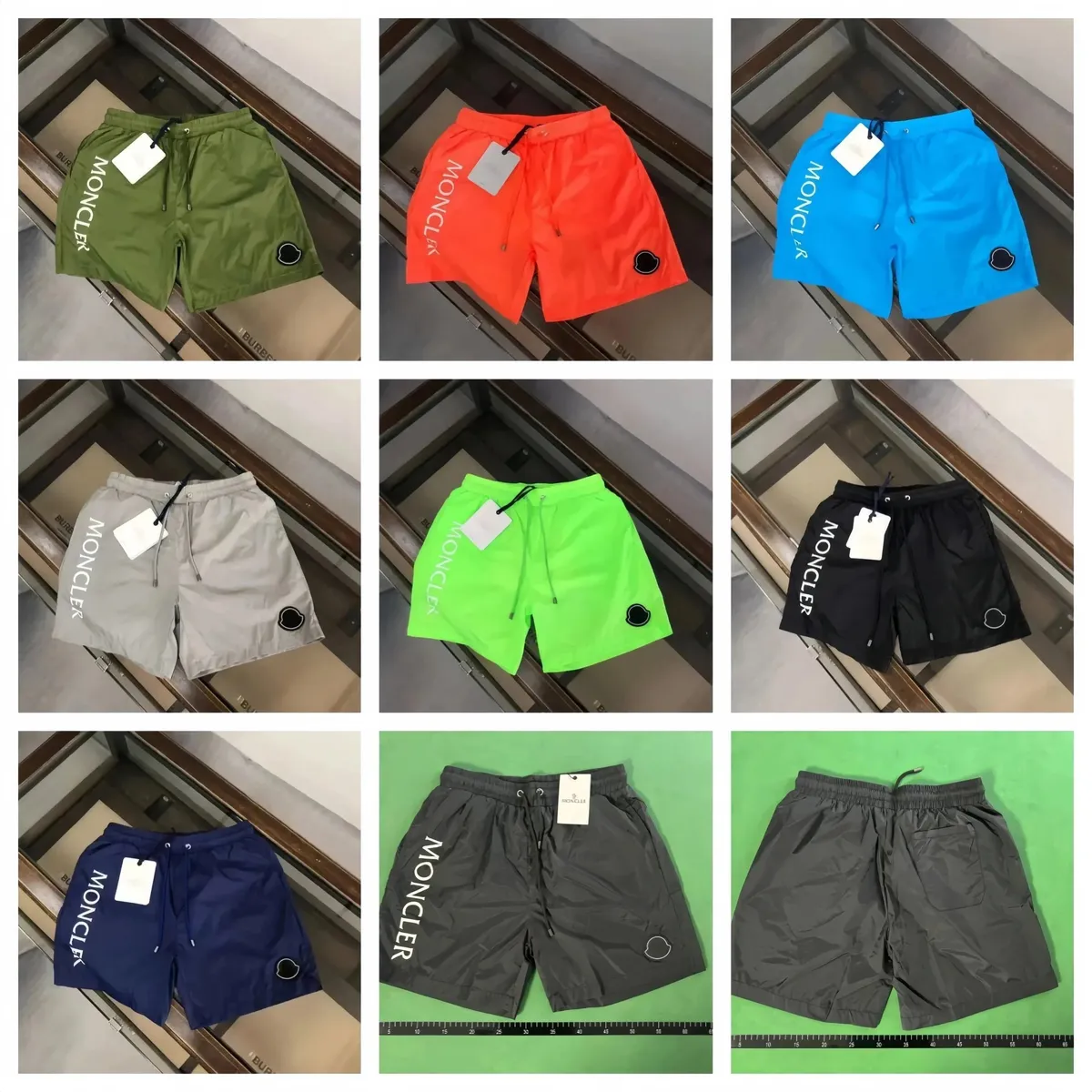 Moncler athletic shorts in olive green with drawstring waist and vertical logo print.