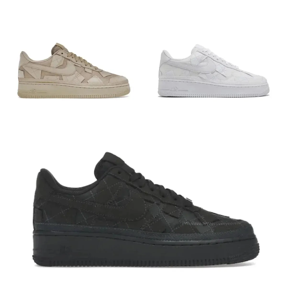Nike low-top patchwork sneakers with a thick platform sole in black, white, beige, and gray.