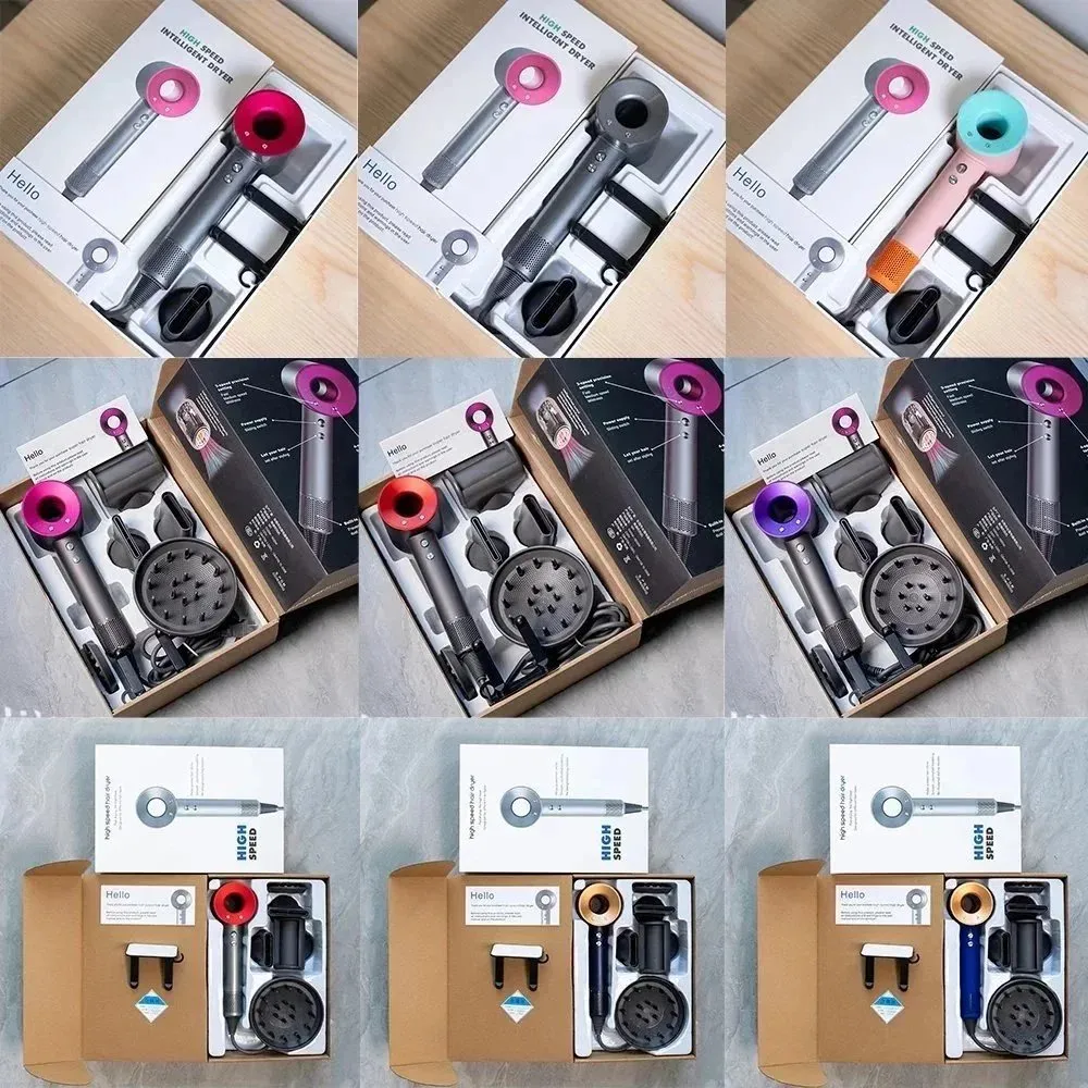 Dyson hair dryer set with cylindrical body, multiple attachments, and boxed packaging